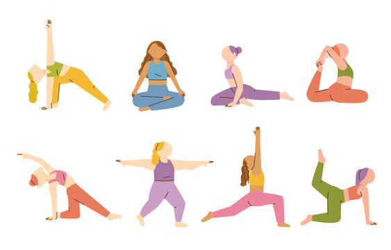 Female character doing various yoga poses. flat design style vector illustration.