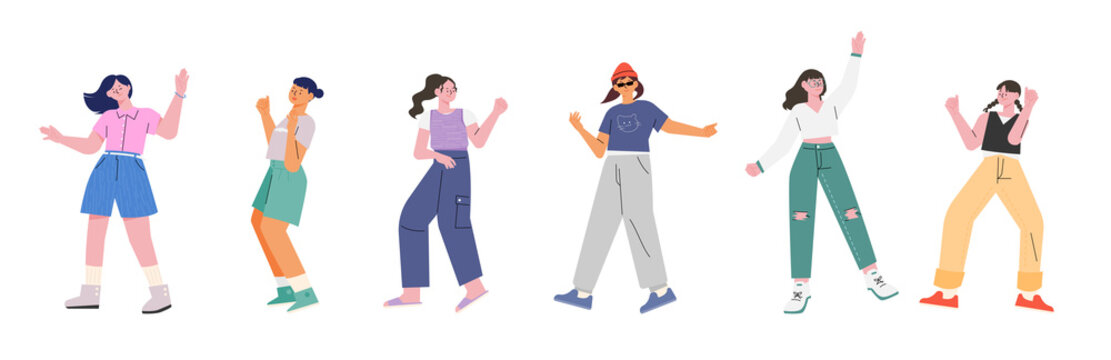 Cool and casual style girls are dancing. A tall and small head character. flat design style vector illustration.