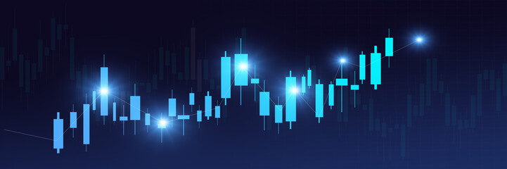 Stock market business candle stick graph chart investment trading on blue background. Graph bullish point up trend. Economy financial design