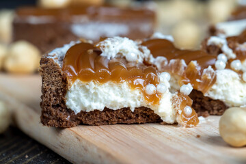 chocolate tartlet with cream filling and salted caramel with nuts