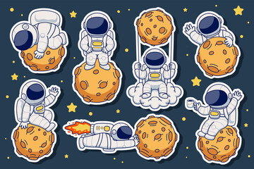 hand drawn cute astronaut design sticker illustration - obrazy, fototapety, plakaty