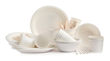 Set of disposable tableware on white background