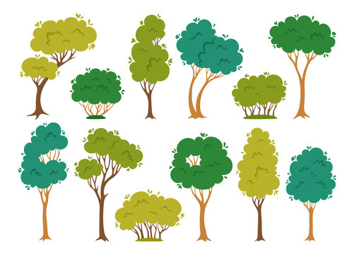 Trees and shrub flat cartoon set. Abstract evergreen stylized plant botanical collection, nature eco bush. Deciduous tree with leaves and lush crowns. Green park, forest landscape vector illustration