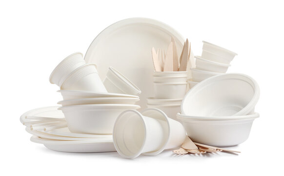 Set Of Disposable Tableware On White Background