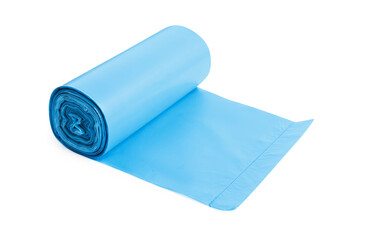 Roll of turquoise garbage bags on white background. Cleaning supplies