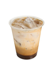 Takeaway plastic cup with cold coffee drink isolated on white