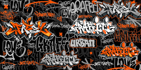 Graffiti background with throw-up and tagging hand-drawn style. Street art graffiti urban theme for prints, banners, and textiles in vector format. - obrazy, fototapety, plakaty