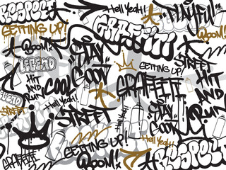 Graffiti background with throw-up and tagging hand-drawn style. Street art graffiti urban theme for prints, banners, and textiles in vector format. - obrazy, fototapety, plakaty
