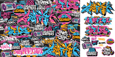 A set of colorful graffiti art sticker illustrations. Cool graffiti sticker for background, print, and textile. Street art urban theme - obrazy, fototapety, plakaty