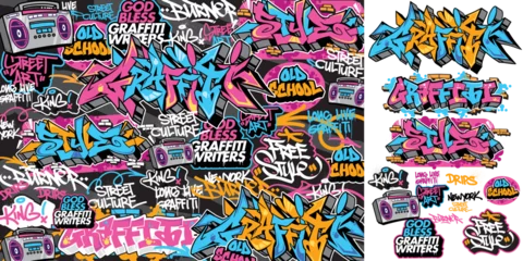 Deurstickers A set of colorful graffiti art sticker illustrations. Cool graffiti sticker for background, print, and textile. Street art urban theme © Themeaseven