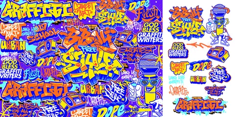 Zelfklevend Fotobehang A set of colorful graffiti art sticker illustrations. Cool graffiti sticker for background, print, and textile. Street art urban theme © Themeaseven