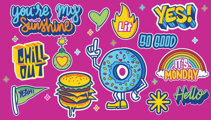 A set of colorful fun sticker illustrations. 