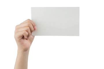 Fototapeta premium Hand of a young woman holding a white cardboard to mount an image or advertising text, with a white background