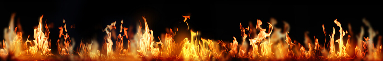 Fototapeta na wymiar Bright fire flames on black background. Banner design