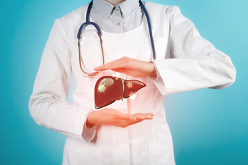 Doctor with stethoscope and illustration of unhealthy liver on light blue background. Viral hepatitis - obrazy, fototapety, plakaty