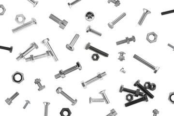 Many different bolts and nuts falling on white background - obrazy, fototapety, plakaty