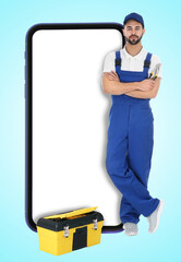 Repair service - just call. Professional repairman, toolbox and smartphone with blank screen on...