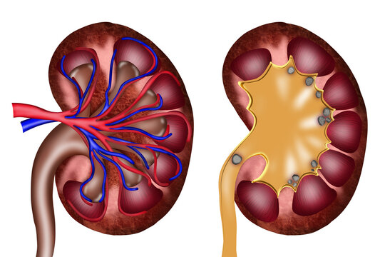 Illustration of healthy and diseased kidneys on white background