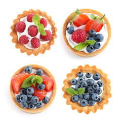 Set of tasty sweet tartlets with fresh berries on white background, top view