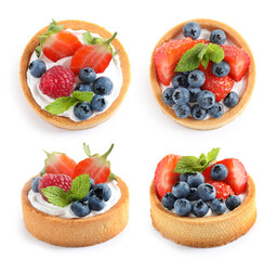 Set of tasty sweet tartlets with fresh berries on white background