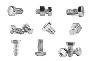 Set with metal hex bolts and nuts on white background