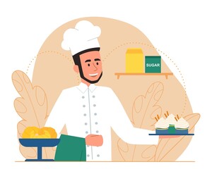 Baker with confectionery. Male pastry chef holds tray with fresh baked cakes in his hands. Plate of croissants on table. Design element for bakery advertising. Cartoon flat vector illustration