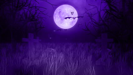 Flying bats halloween background, Night with the moon and shining stars, bats, trees, grasses and graves, Design elements decoration halloween purple background 3d rendering