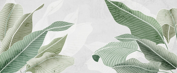 Abstract botanical luxury background with tropical palm leaves in line art style. Watercolor banner with exotic plants for wallpaper, textile, print, decor.