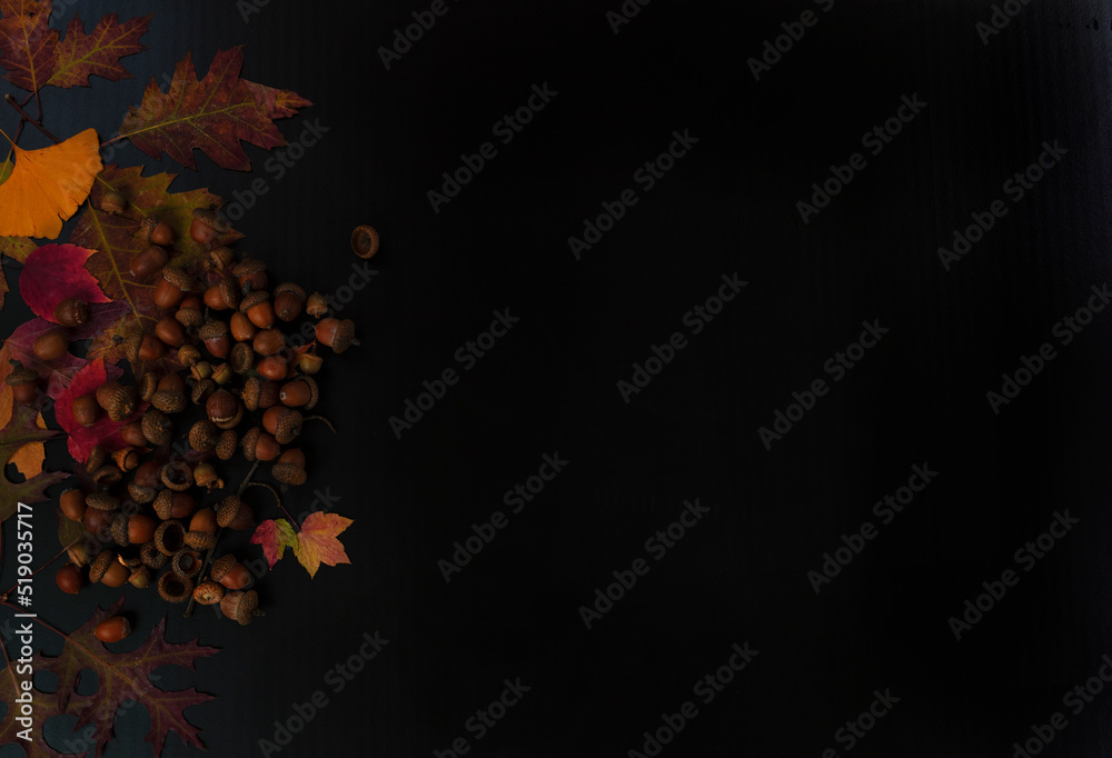 Poster Thanksgiving or Halloween holiday background with autumn leaves plus acorns on dark stone