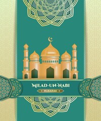 milad un-nabi greeting with gold mosque and islamic border frame in geometric pattern background