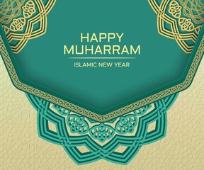 Happy Hijri new year greeting card template with Islamic border frame and mandala ornament in embossed pattern background