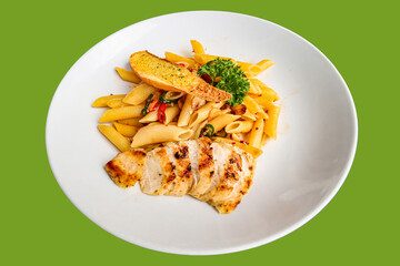 pasta agli e olio with chicken slice