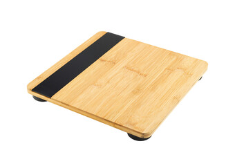 bamboo kitchen scales with digital display on white background.