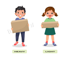 Opposite adjective antonym English words heavy light illustration for kids explanation flashcard with text label