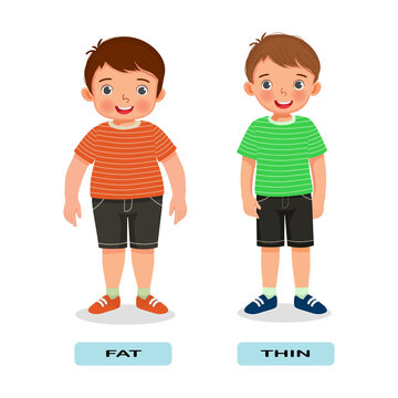 Opposite adjective antonym English words fat thin illustration for kids explanation flashcard with text label