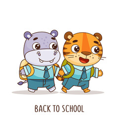 Set of kids kawaii tropical animals hold hands and go to school. Hippo and tiger. Vector illustration for designs, prints, patterns. Isolated on white background