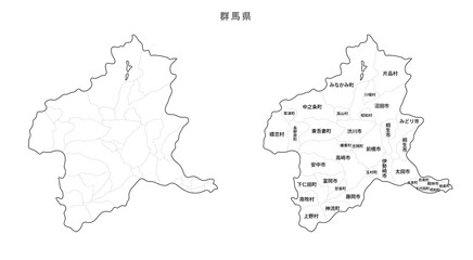 日本　白地図　群馬県（市区町村）