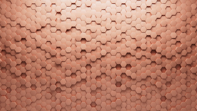 3D, Futuristic Wall background with tiles. Hexagonal, tile Wallpaper with Peach, Polished blocks. 3D Render