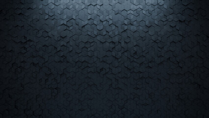 Black, 3D Wall background with tiles. Futuristic, tile Wallpaper with Diamond Shaped, Polished blocks. 3D Render