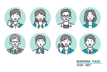 笑顔や驚いたりしている、会社員の顔アイコンのベクターイラスト素材／ビジネス／ビジネスパーソン／人々／ポジティブ
