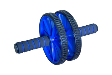 Blue wheel for training the muscles of the press, fitness roller,isolated on white background.
