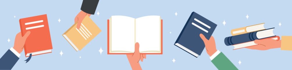 Set of hand giving book. People holding colorful paper manuals in their palms. Exchange literature. Banner for bookcrossing advertising. Cartoon flat vector collection isolated on white background