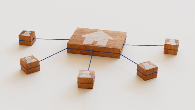 Internet Technology Concept with home Symbol on a Wooden Block. User Network Connections are Represented with Blue string. White background. 3D Render.