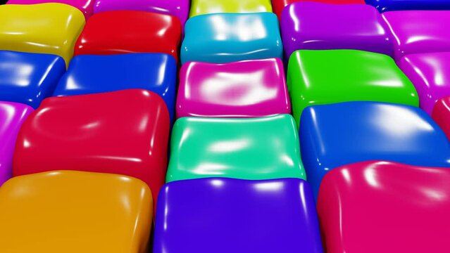 Jelly cubes warping. Multi colored soft cubes randomly moving pattern. Abstract Boxes 3d render. Abstract background with soft colored boxes jumping. 3D animation pulsating colorful elastic cubes. 4k