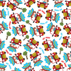 Seamless pattern vector of Cute fox cartoon having fun driving off road car go to forest. Creative vector childish background for fabric textile, nursery wallpaper, poster. and other decoration.