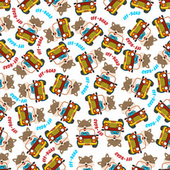 Seamless pattern vector of Cute fox cartoon having fun driving off road car go to forest. Creative vector childish background for fabric textile, nursery wallpaper, poster. and other decoration.