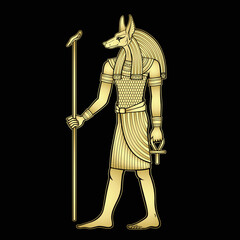 Obraz premium Animation portrait: Ancient Egyptian god Anubis holds a staff and an anch cross. Full growth. Deity with canine head. God of death. View profile. Vector illustration isolated on a black background.