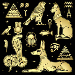 Animation drawing: set of divine Egyptian animals: Anubis Dog, Bastet Cat, Gorus bird, snakes Apop.  Imitation of gold. Ancient symbols. Vector illustration isolated on a black background. 