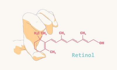Hand holding chemical molecular formula of vitamin A retinol.