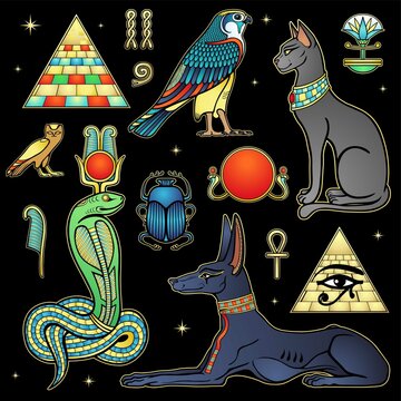 Animation color drawing: set of divine Egyptian animals: Anubis Dog, Bastet Cat, Gorus bird, snakes Apop. Ancient symbols. Vector illustration isolated on a black background. 